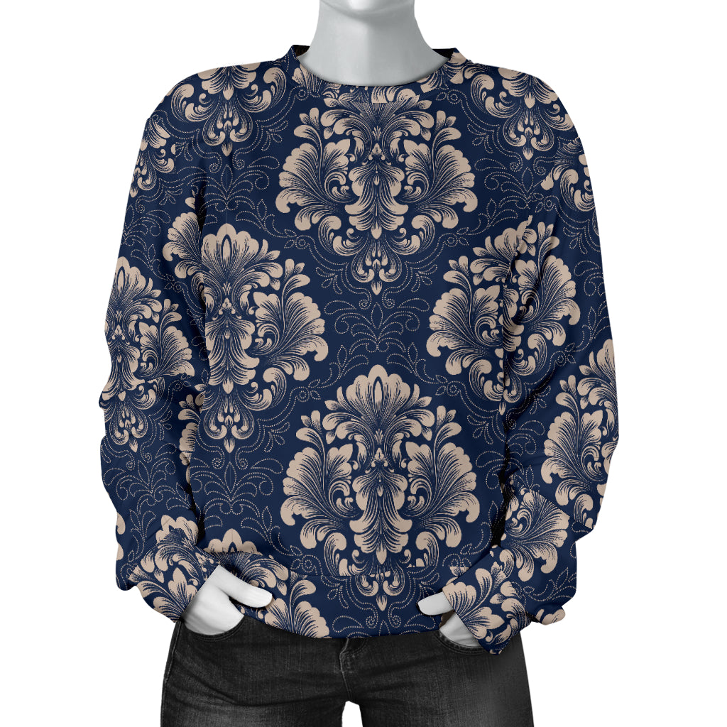 Damask Blue Luxury Print Pattern Women Long Sleeve Sweatshirt