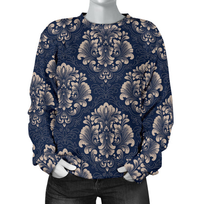 Damask Blue Luxury Print Pattern Women Long Sleeve Sweatshirt