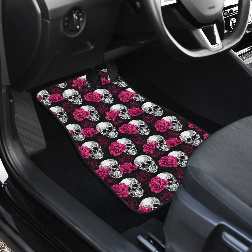 Pink Rose Skull Themed Print Car Floor Mats Front Back