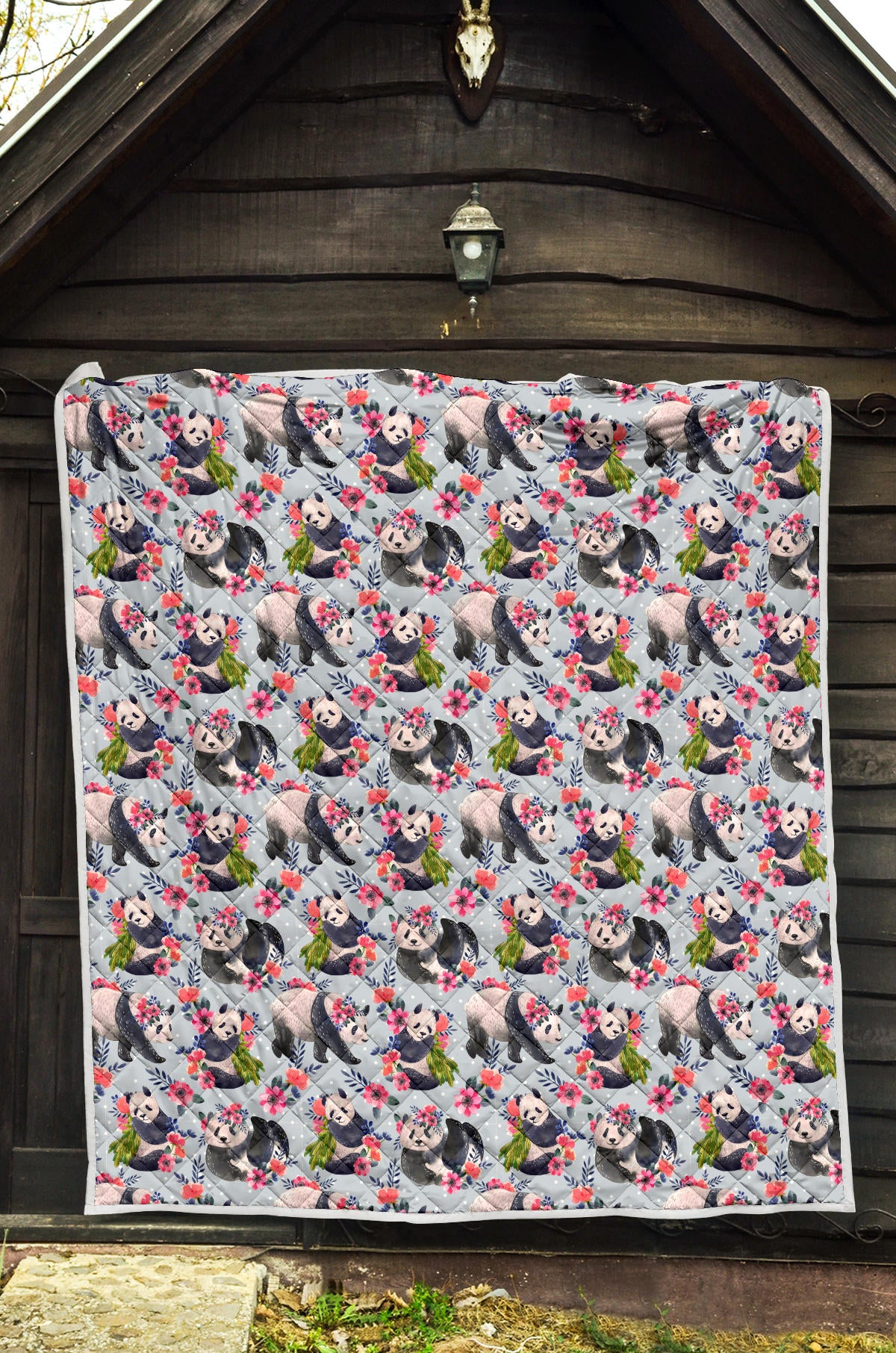 Panda Bear Flower Design Themed Print Quilt Bedspread