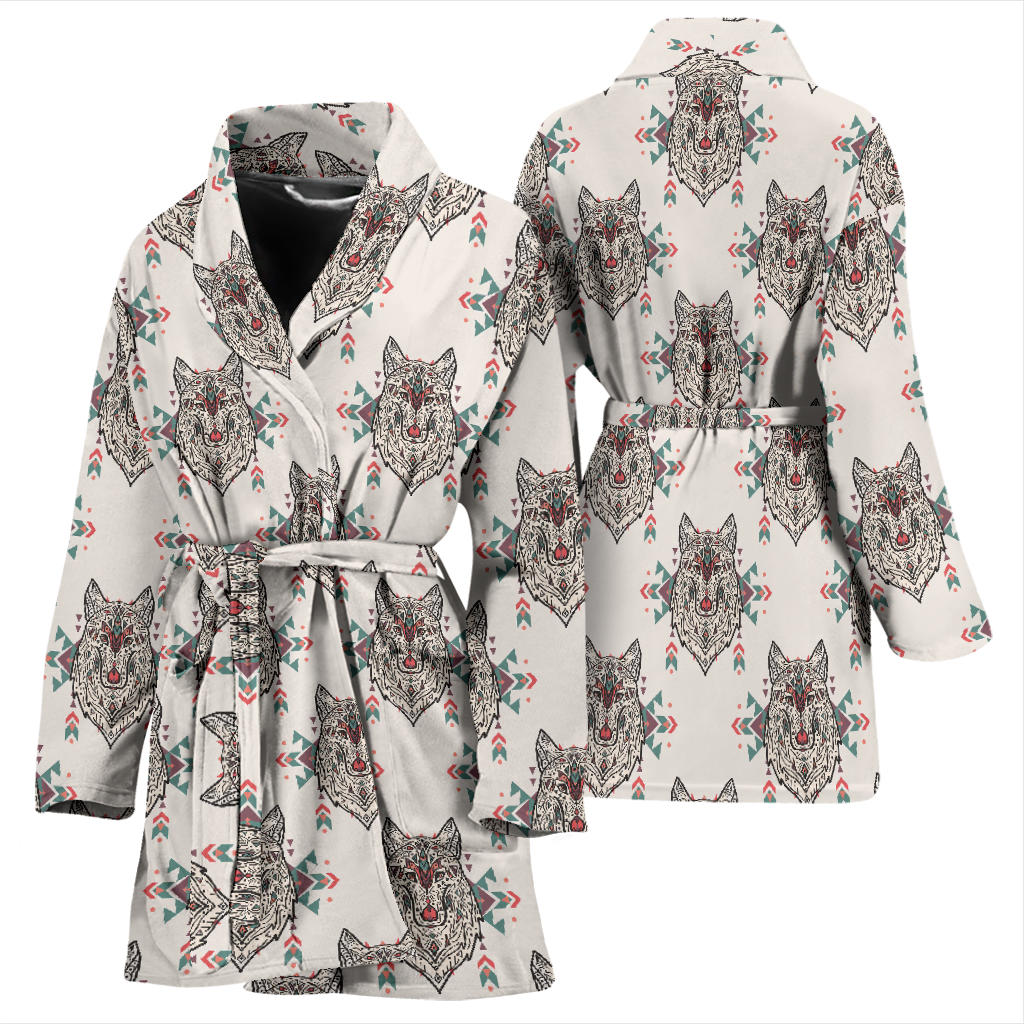 Aztec Wolf Pattern Print Design 01 Women Bathrobe