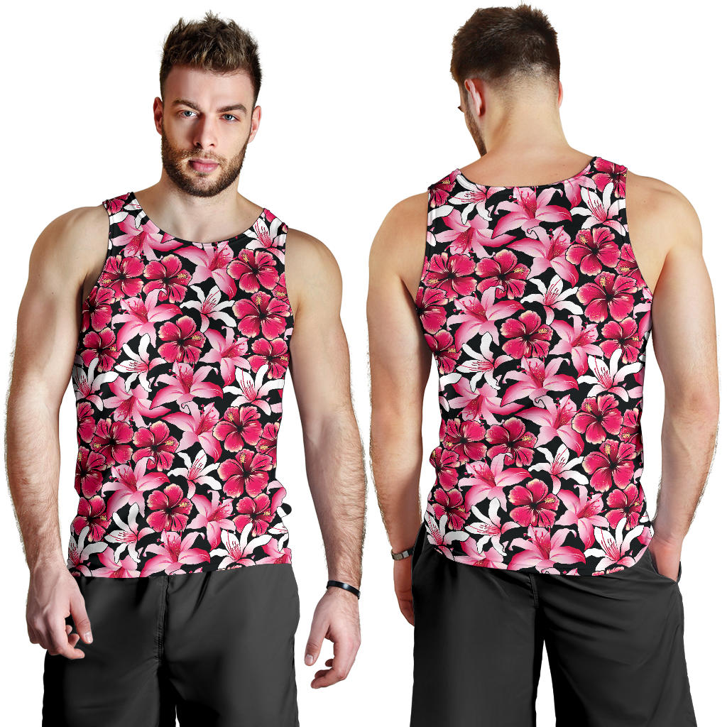 Flower Hawaiian Pink Red Hibiscus Print Men Tank Top