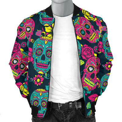 Sugar Skull Floral Design Themed Print Men Bomber Jacket