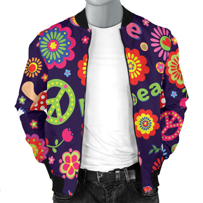 Flower Power Peace Design Print Men Bomber Jacket