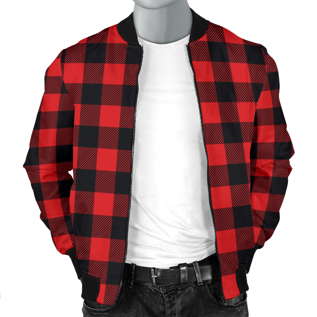 Red Black Buffalo Tartan Plaid Pattern Men Bomber Jacket