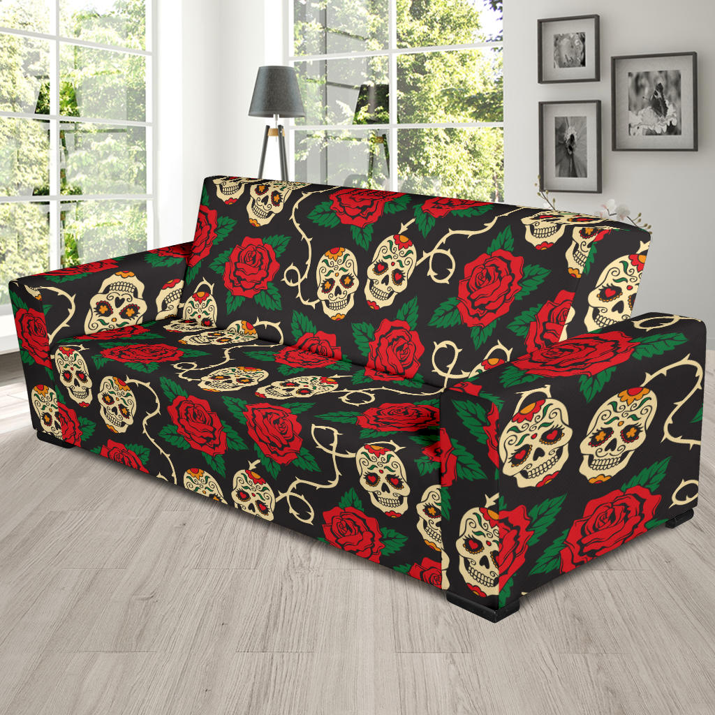 Sugar Skull Red Rose Print Design LKS301 Sofa Slipcover
