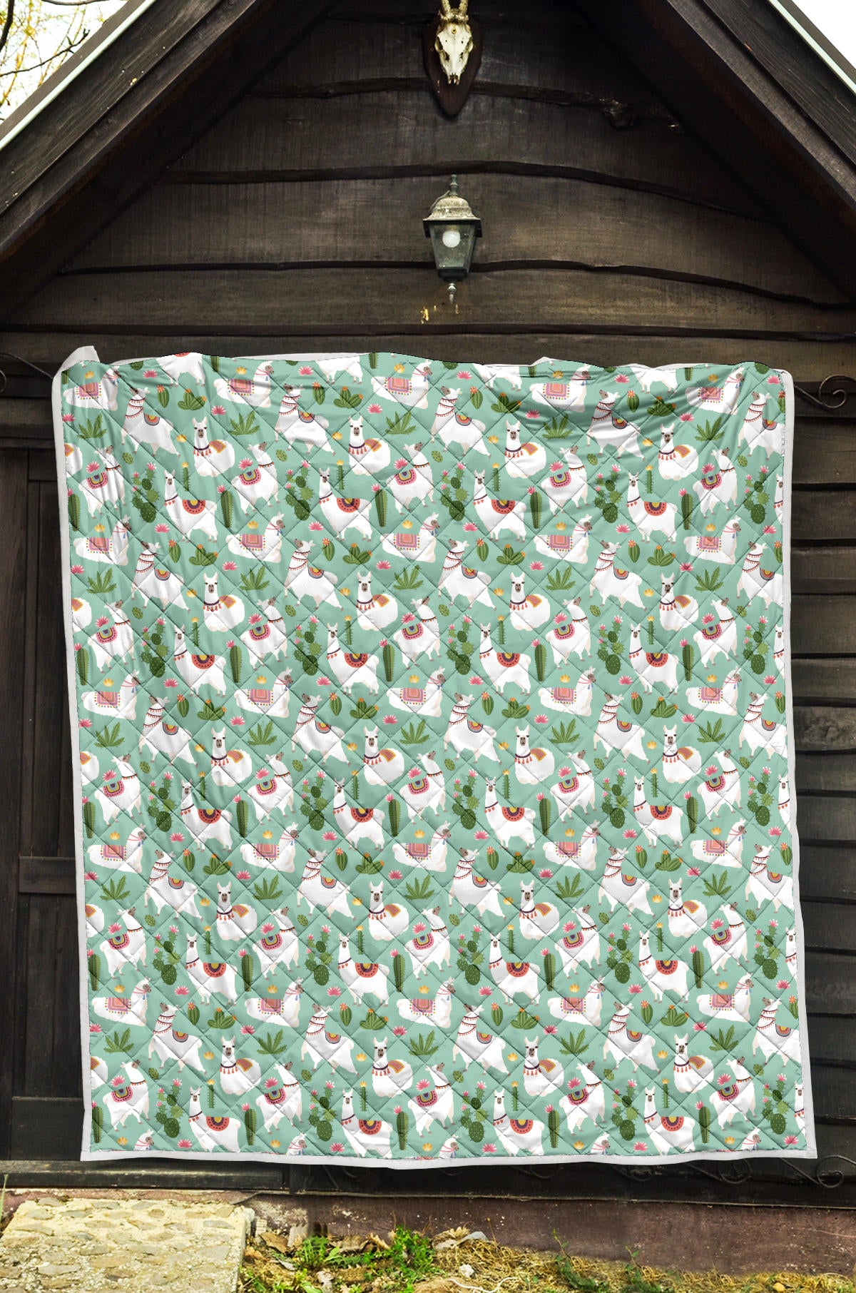 Llama with Cactus Themed Print Quilt Bedspread