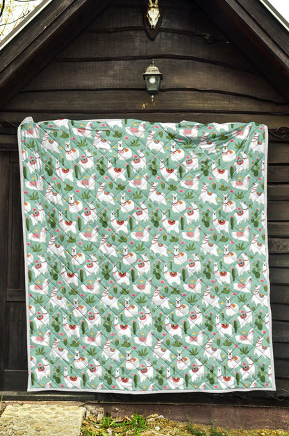 Llama with Cactus Themed Print Quilt Bedspread