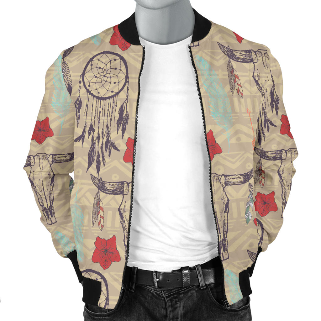 Native Buffalo Head Themed Design Print Men Bomber Jacket