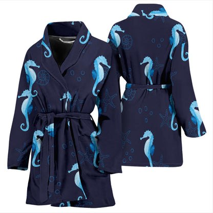 SeaHorse Blue neon Pattern Print Design 03 Women Bathrobe