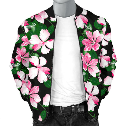 Hibiscus Pink Flower Hawaiian Print Men Bomber Jacket