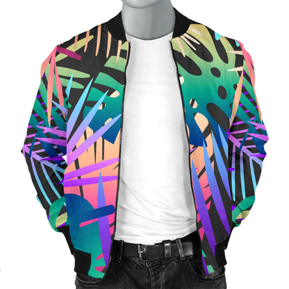Neon Flower Tropical Palm Leaves Men Bomber Jacket