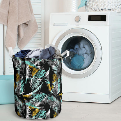 Gold Glitter Cyan Tropical Palm Leaves Laundry Basket