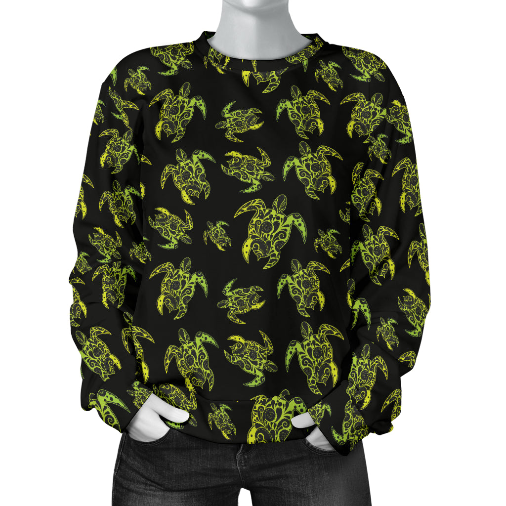 Green Tribal Turtle Polynesian Themed Women Long Sleeve Sweatshirt