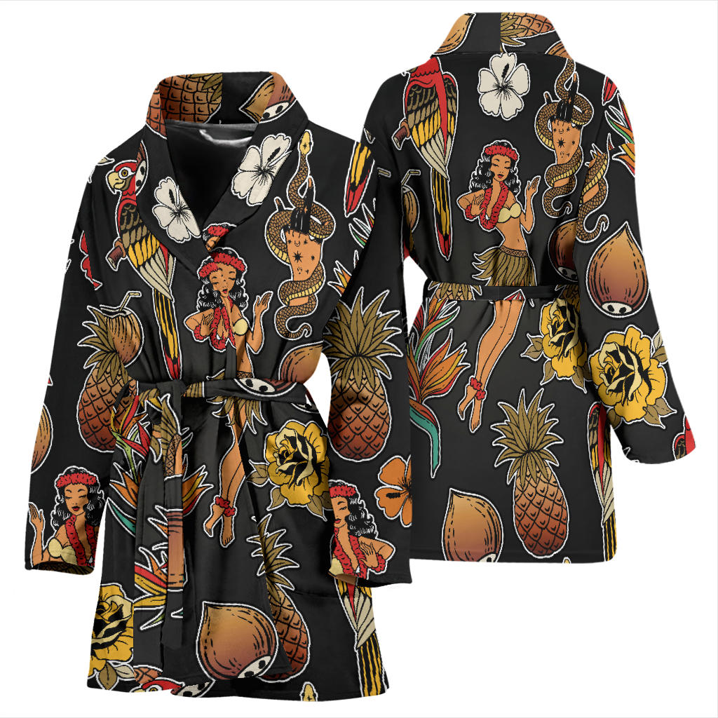 Hula Dancers Hawaiian Style Pattern Print Design 02 Women Bathrobe