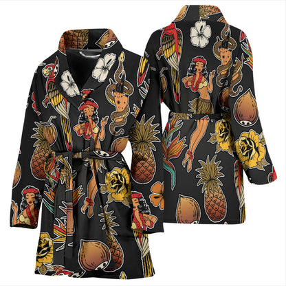 Hula Dancers Hawaiian Style Pattern Print Design 02 Women Bathrobe