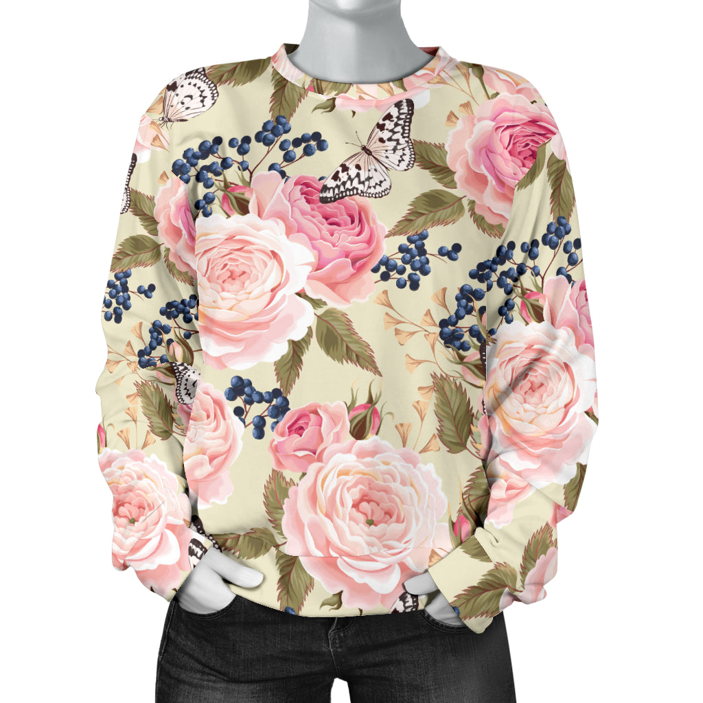Floral Pink Butterfly Print Women Long Sleeve Sweatshirt