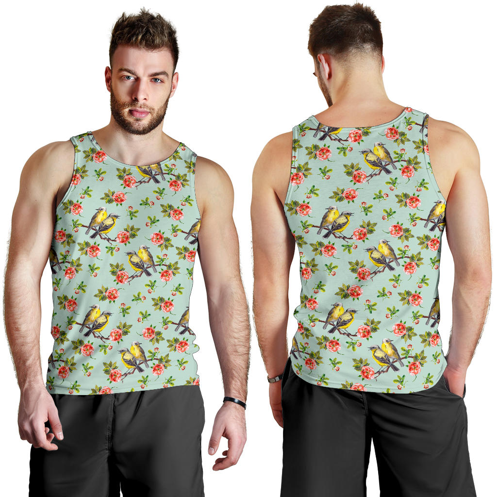 Bird with Red Flower Print Pattern Men Tank Top
