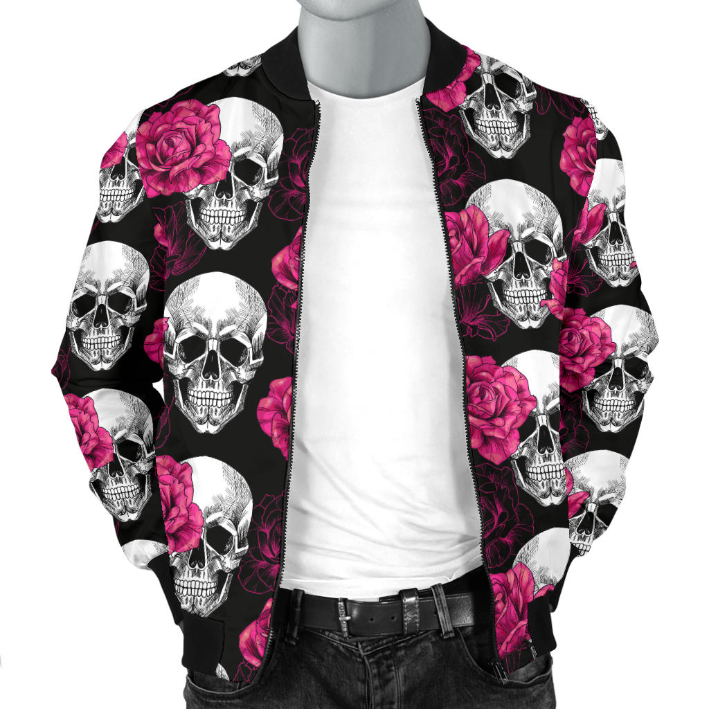 Pink Rose Skull Themed Print Men Bomber Jacket