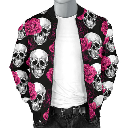 Pink Rose Skull Themed Print Men Bomber Jacket