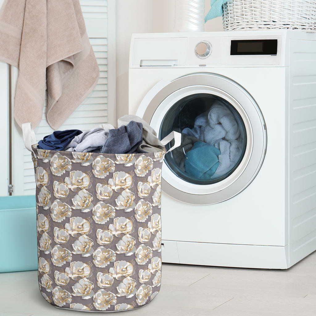 Elegant Grey Flower Print Laundry Basket