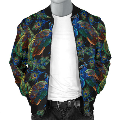 Peacock Themed Design Print Men Bomber Jacket