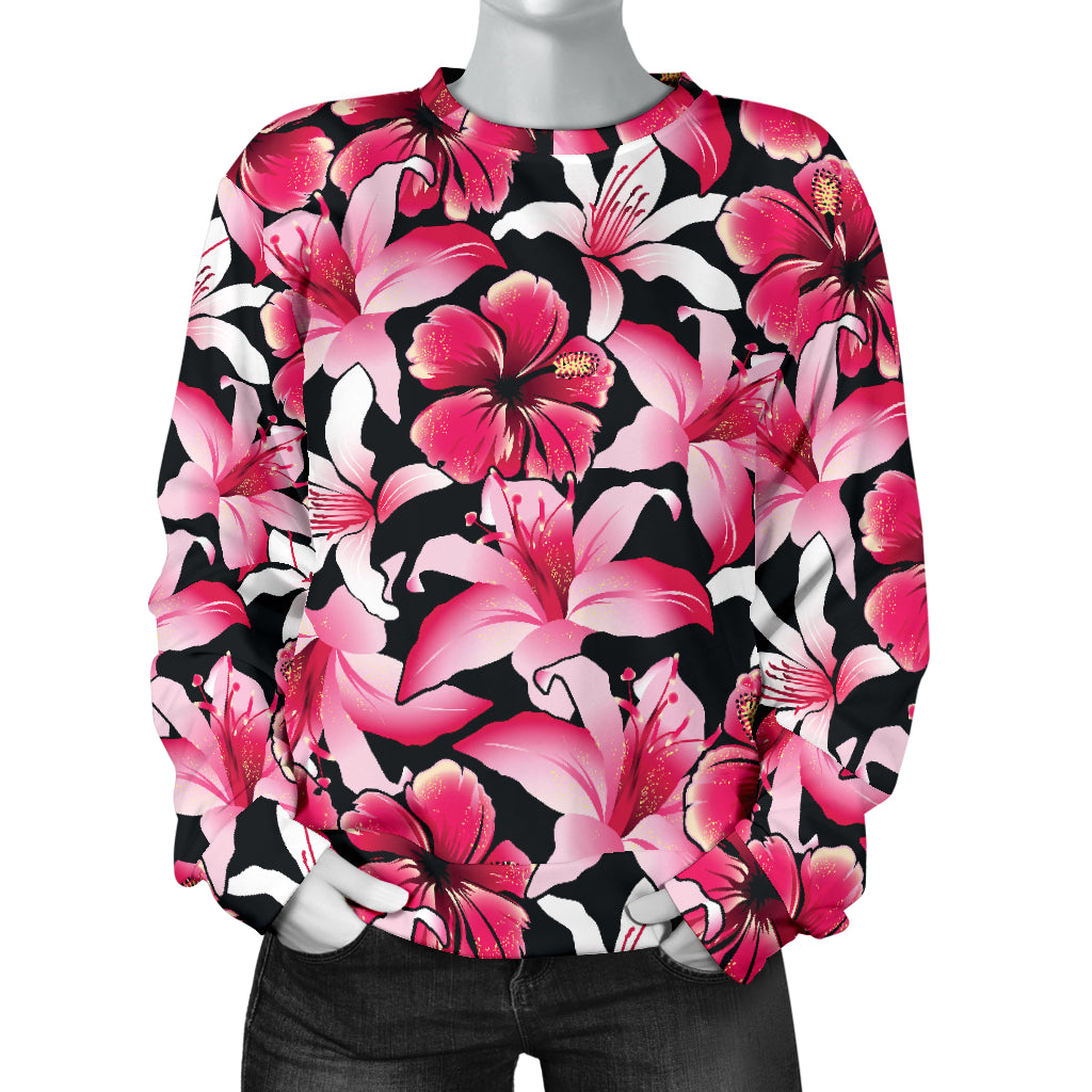 Flower Hawaiian Pink Red Hibiscus Print Women Long Sleeve Sweatshirt