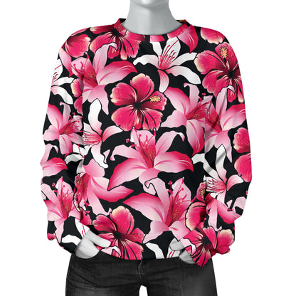 Flower Hawaiian Pink Red Hibiscus Print Women Long Sleeve Sweatshirt