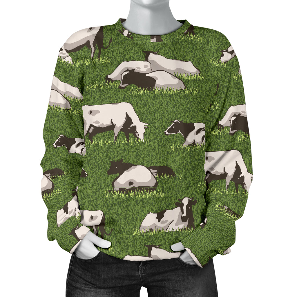 Cow on Grass Print Pattern Women Long Sleeve Sweatshirt