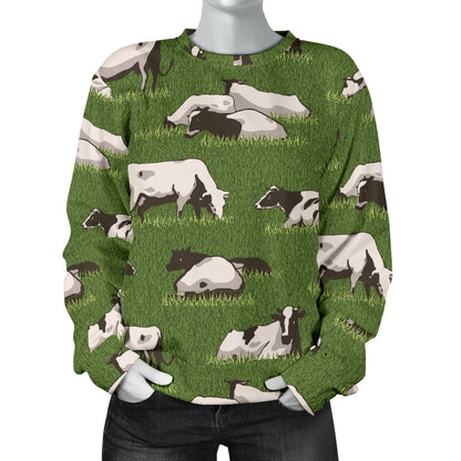 Cow on Grass Print Pattern Women Long Sleeve Sweatshirt