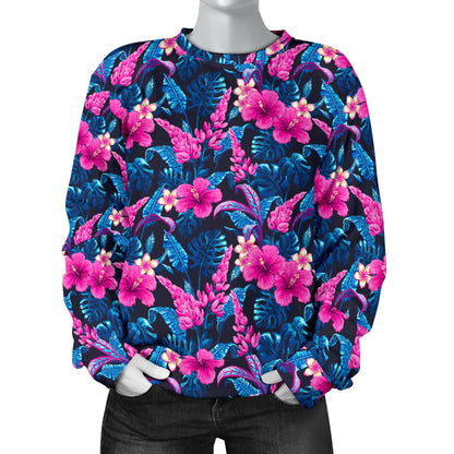 Tropical Folower Pink Themed Print Women Long Sleeve Sweatshirt