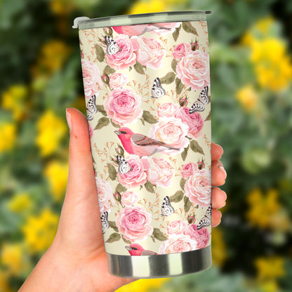 Bird Butterfly Pink Flower Print Pattern Tumbler