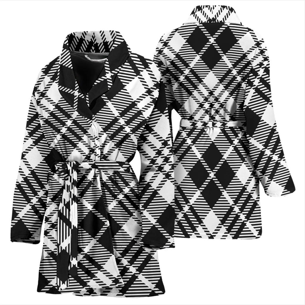 Plaid Black White Pattern Print Design A02 Women Bathrobe