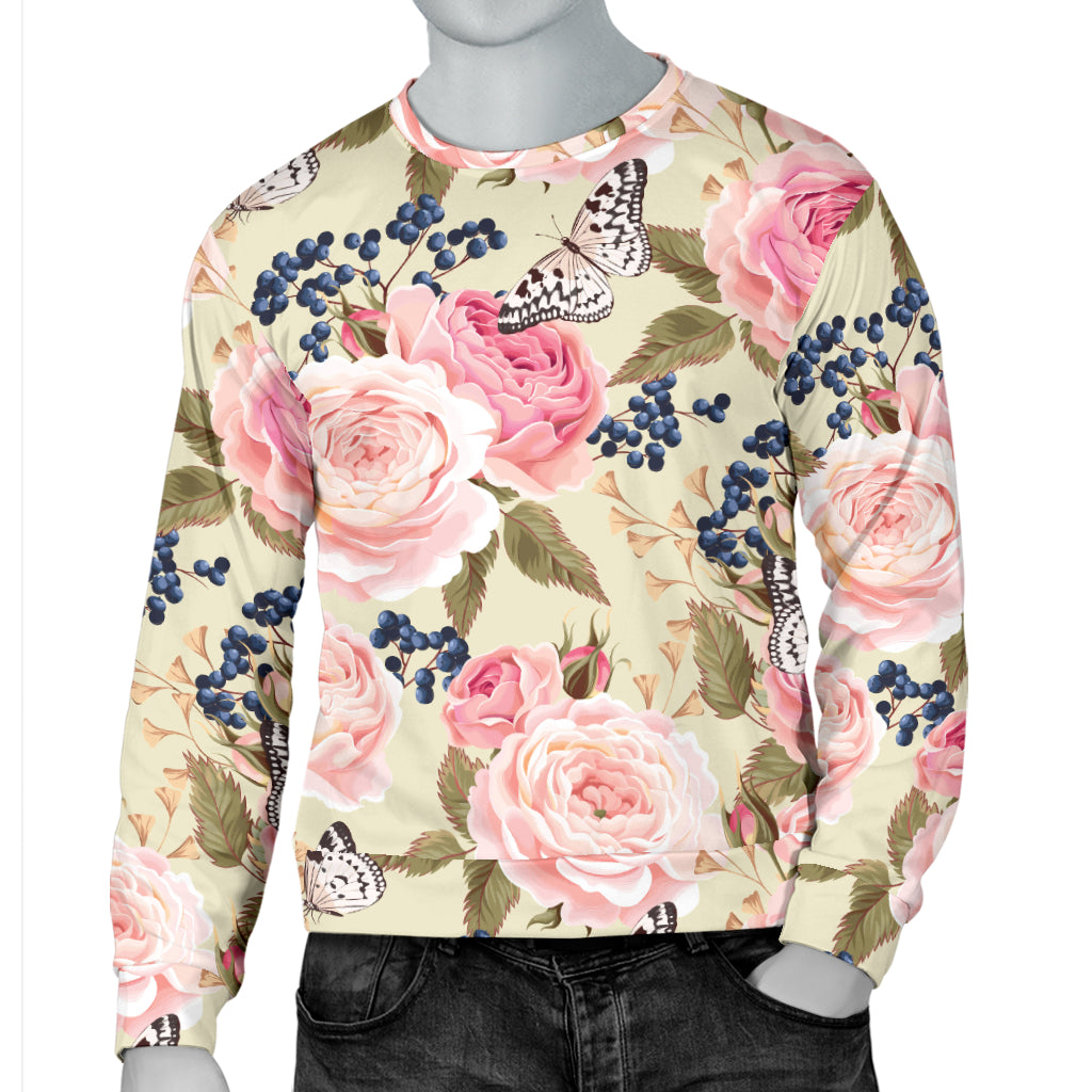 Floral Pink Butterfly Print Men Long Sleeve Sweatshirt