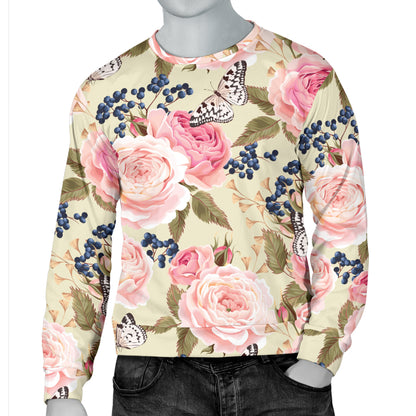 Floral Pink Butterfly Print Men Long Sleeve Sweatshirt