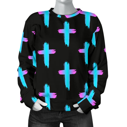 Christian Cross neon Pattern Women Long Sleeve Sweatshirt