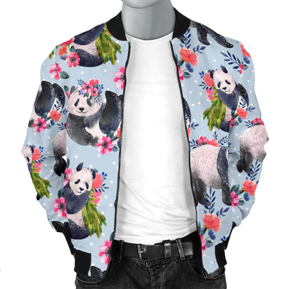 Panda Bear Flower Design Themed Print Men Bomber Jacket