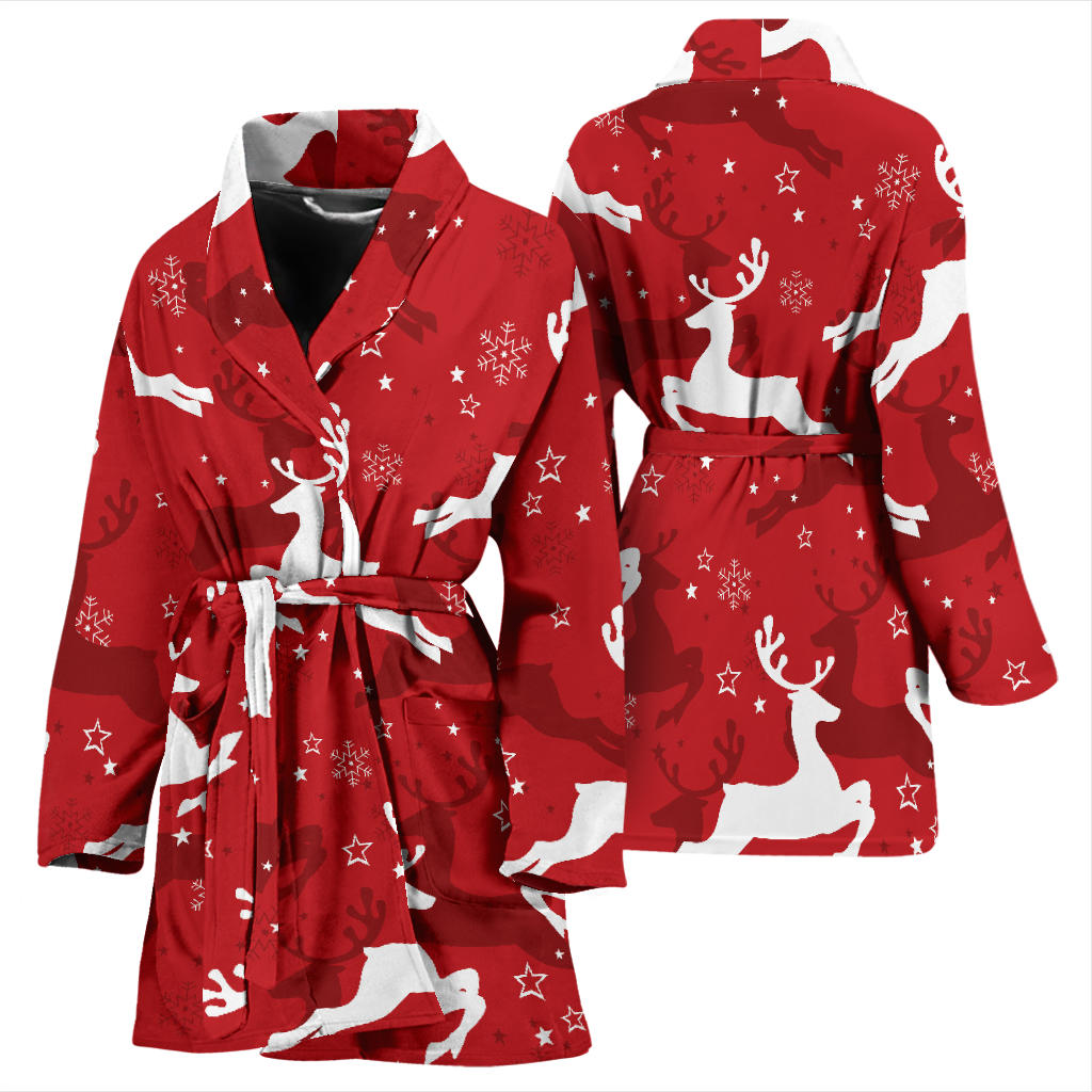 Reindeer Red Pattern Print Design 01 Women Bathrobe