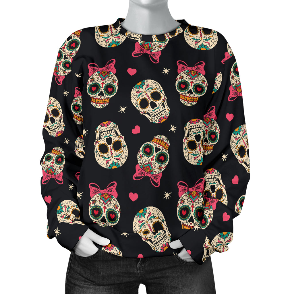 Sugar Skull Pink Bow Themed Print Women Long Sleeve Sweatshirt