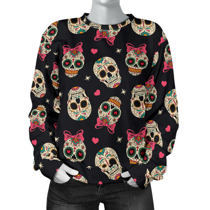 Sugar Skull Pink Bow Themed Print Women Long Sleeve Sweatshirt