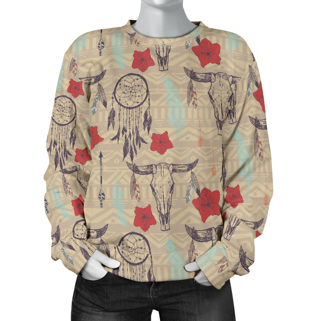 Native Buffalo Head Themed Design Print Women Long Sleeve Sweatshirt
