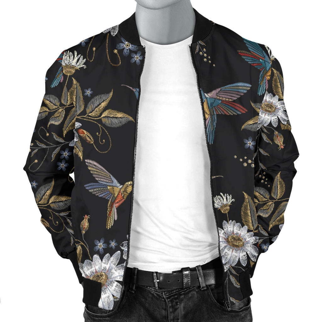 Hummingbird with Embroidery Themed Print Men Bomber Jacket