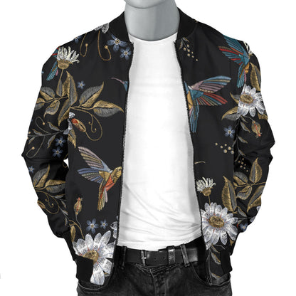 Hummingbird with Embroidery Themed Print Men Bomber Jacket