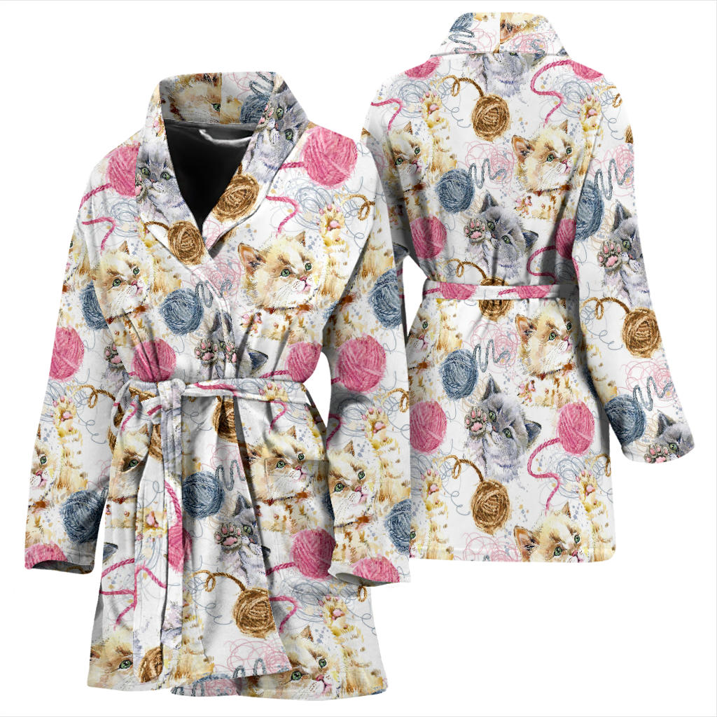 Cat Playing Yarn Pattern Print Design 07 Women Bathrobe