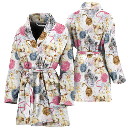 Cat Playing Yarn Pattern Print Design 07 Women Bathrobe