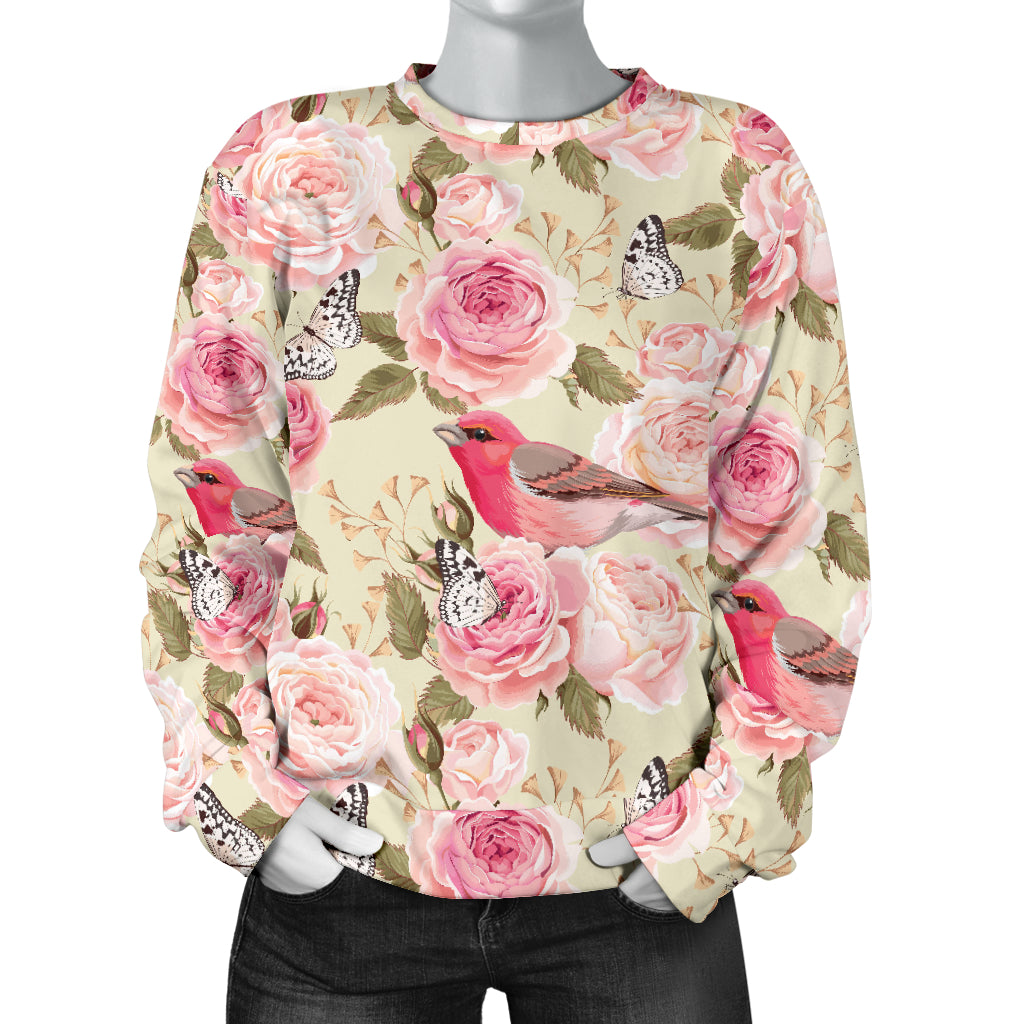 Bird Butterfly Pink Flower Print Pattern Women Long Sleeve Sweatshirt