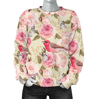 Bird Butterfly Pink Flower Print Pattern Women Long Sleeve Sweatshirt