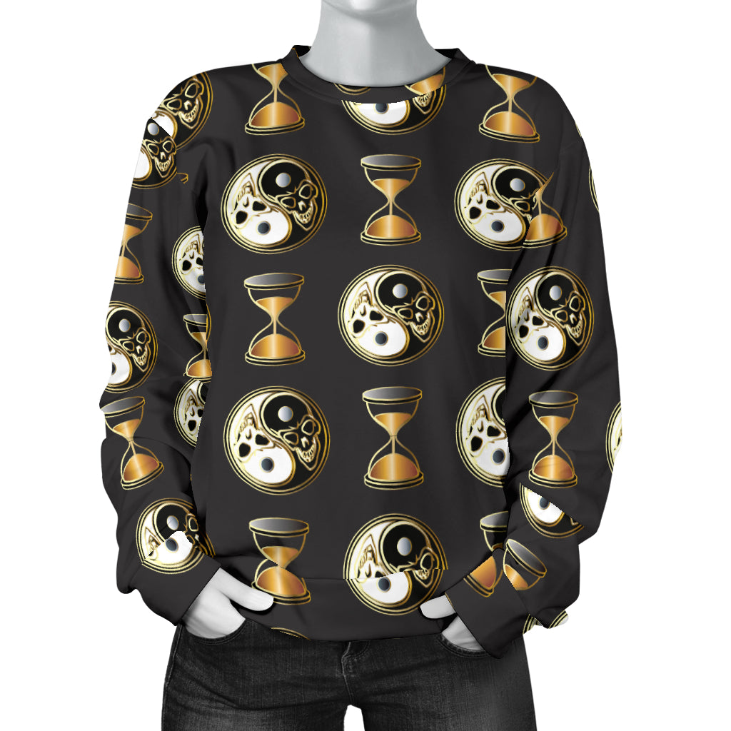 Yin Yang Skull Themed Design Print Women Long Sleeve Sweatshirt