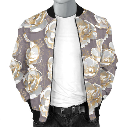 Elegant Grey Flower Print Men Bomber Jacket