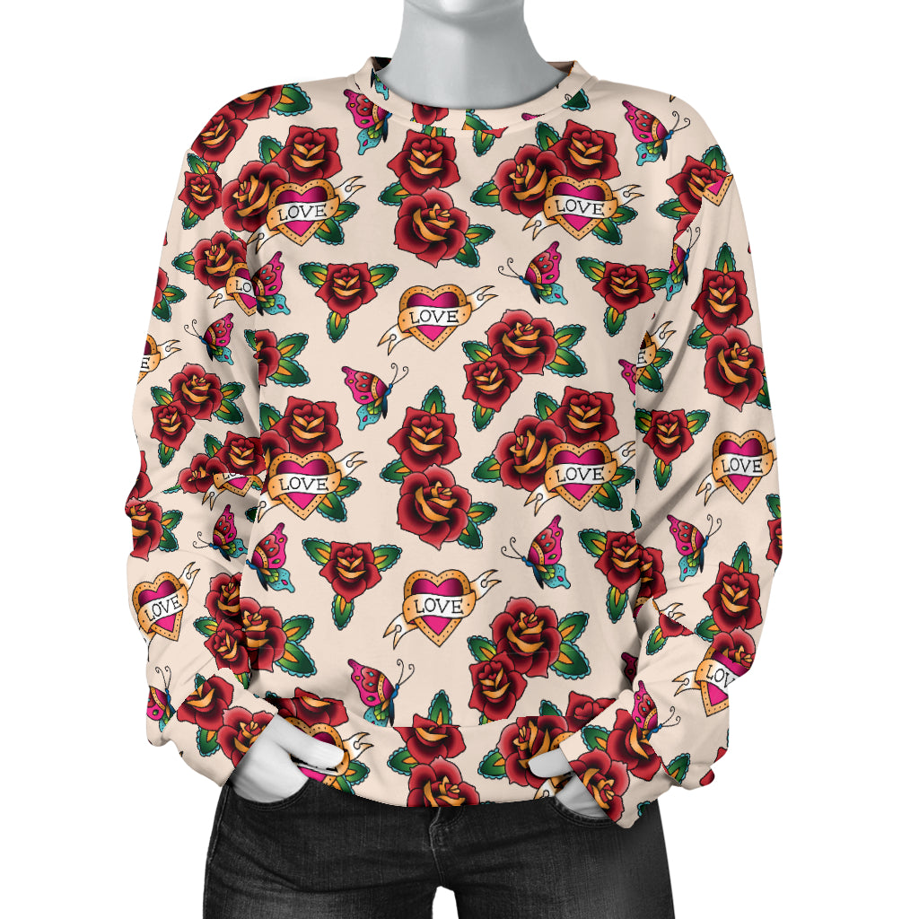 Old School Tattoo Rose Pattern Women Long Sleeve Sweatshirt